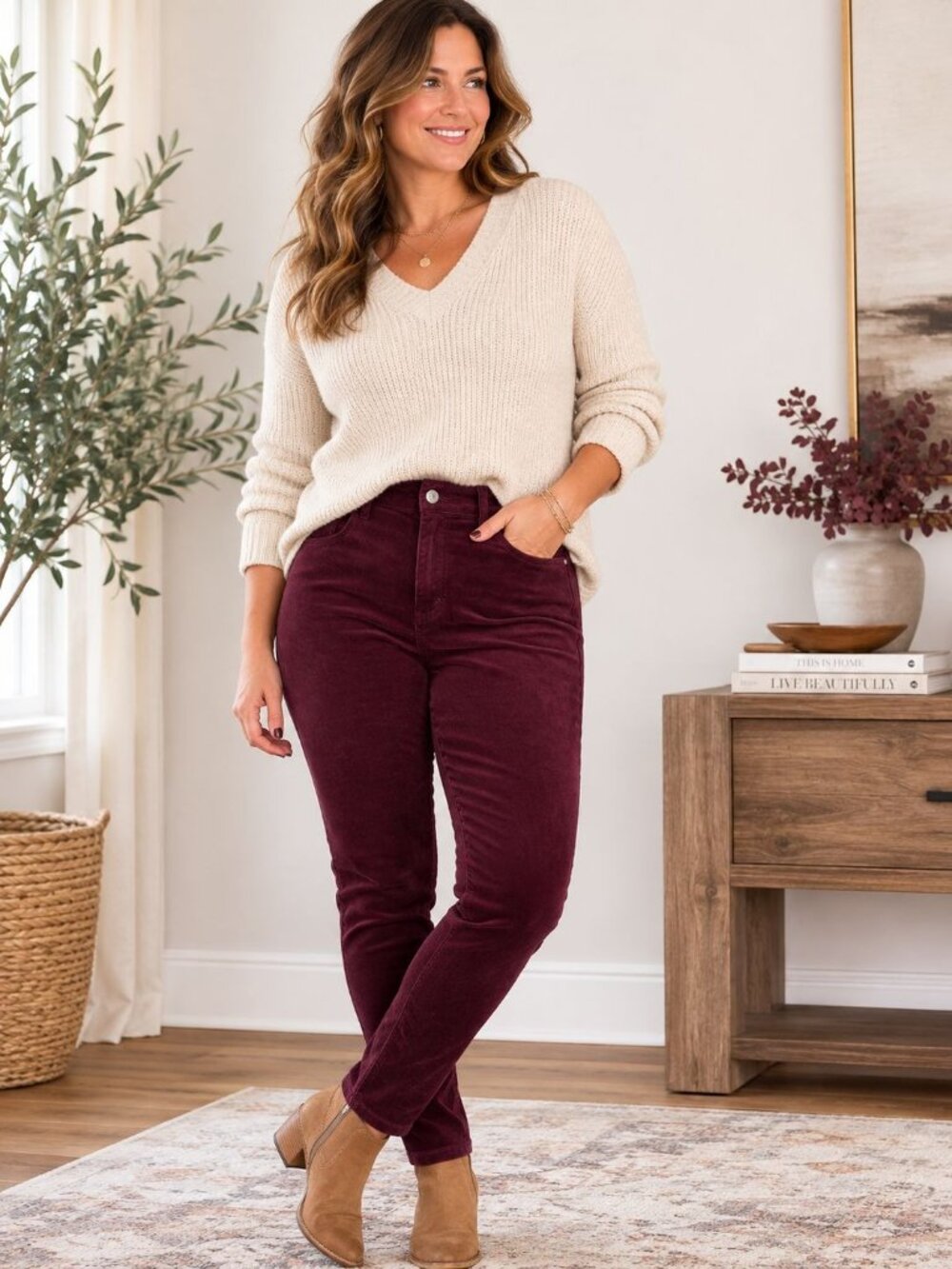 LOFT Velvet Skinny Pants Burgundy High Rise Stretch Minimalist Office 30